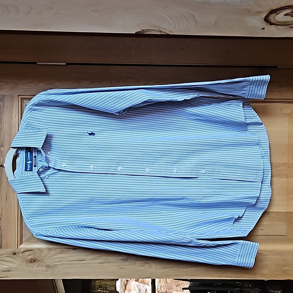 Ralph Lauren mens dress shirt size 16 34x35 blue, white and black stripe